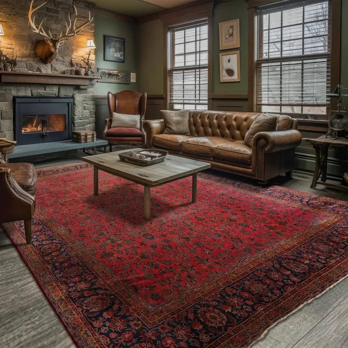 10′ 5”x13′ 9”Hand Knotted 100% Wool 300 KPSI Antique Sarouk Oriental Area Rug Rose, Navy Color