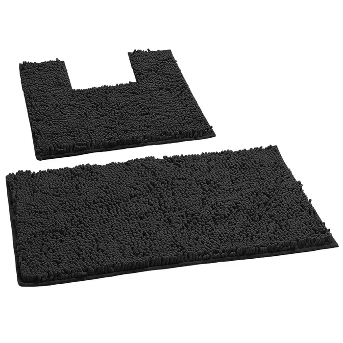 2 Piece Bath Rug + Square Cutout Toilet Mat Set, Black