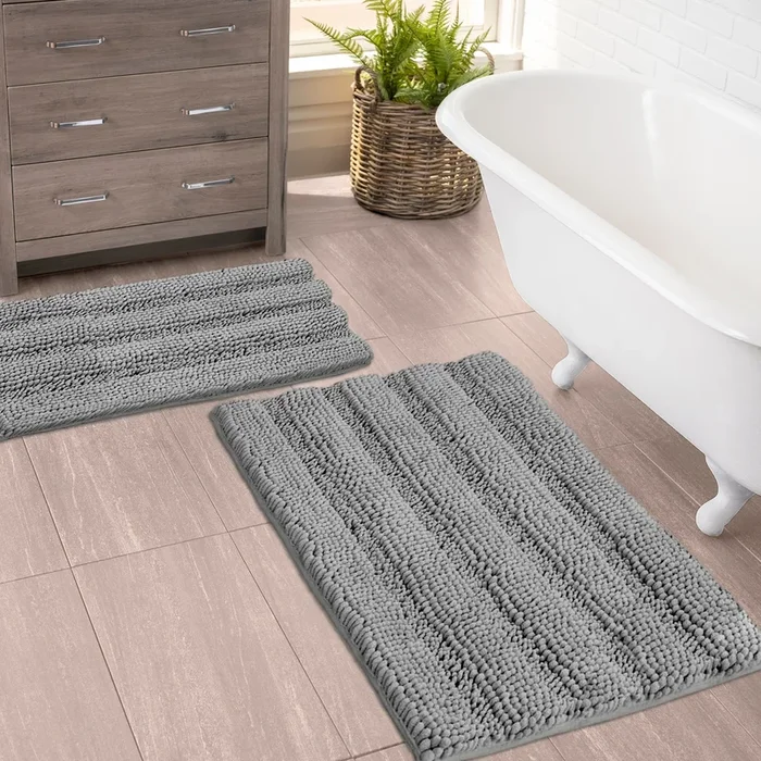 2 Piece Rectangular Bath Rug Set, 15×23 + 20×30 inch, Light Grey
