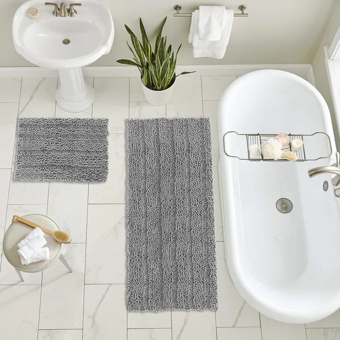 2 Piece Rectangular Bath Rug Set, 15×23 + 27×47 inch, Light Grey