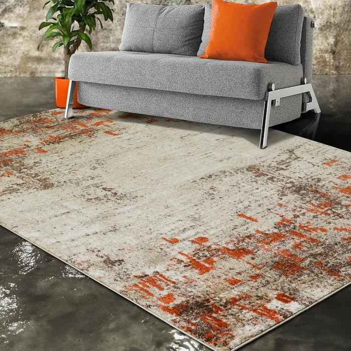 5×7 (4′ 11″ x 6′ 11″) Mocha Modern & Contemporary Rectangular Accent Rug with Ivory and Orange Abstract Modern Distressed Design by Allstar Rugs