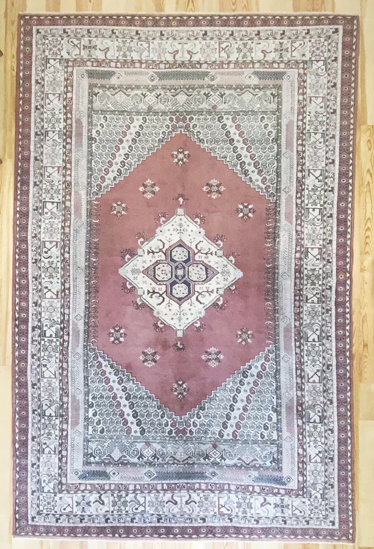 7×11 Vintage Western Anatolian ‘Kula’ Turkish Area Rug | Diamond Medallion Spacious Field Symmetrical Geometric Design Soft Colors | SKU 589