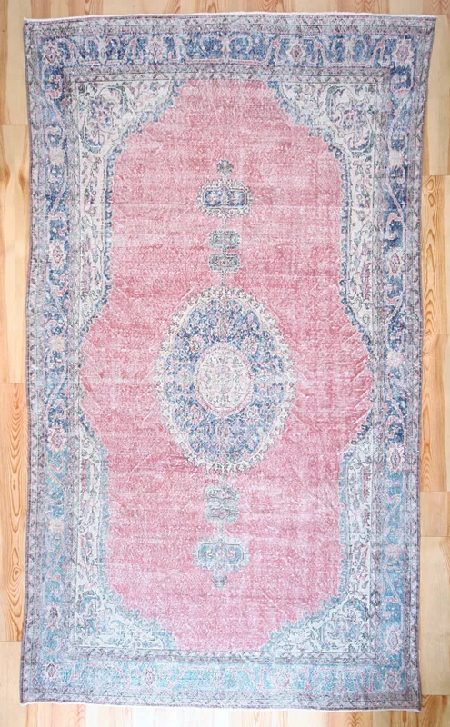 7×12 Vintage Central Anatolian Oushak Style Turkish Area Rug | Bold medallion spacious field floral border | SKU 497