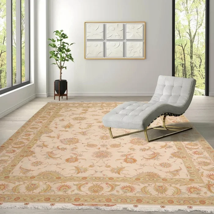 8’1″x11’9″ Hand Knotted Wool and Silk Traditional 350 KPSI Oriental Area Rug Ivory, Mint Color