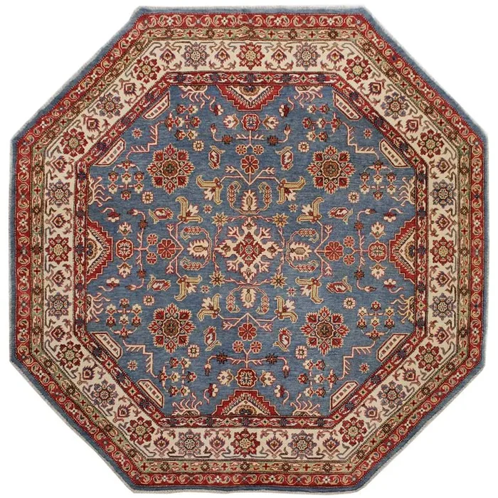 Bohemian Kazak Abdul Blue/Ivory Wool Octagon – 7’8” x 7’9”