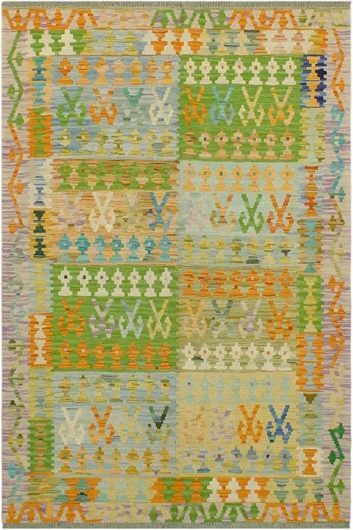 Southwestern Turkish Kilim Bell Hand-Woven Wool Rug – 4’2” x 5’10”